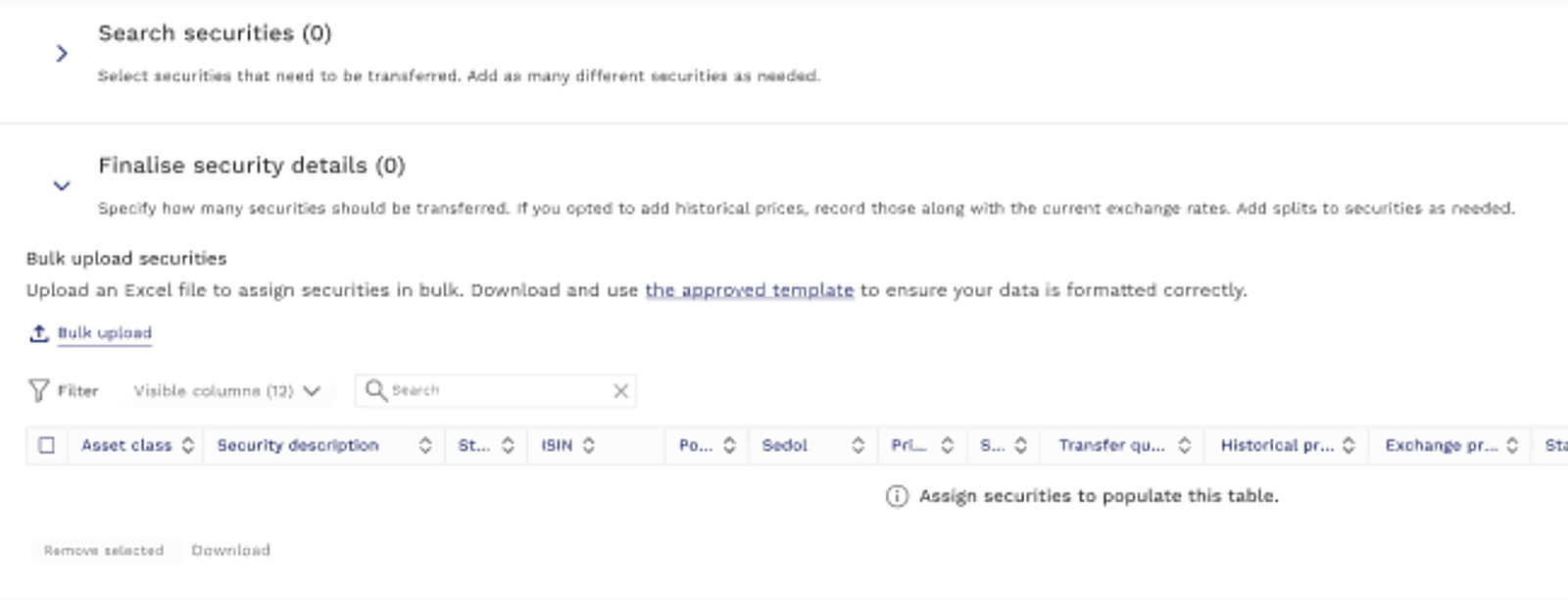 Finalise security details with Bulk upload entry