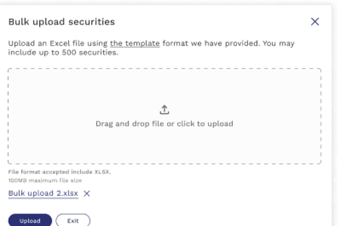 Bulk upload securities modal