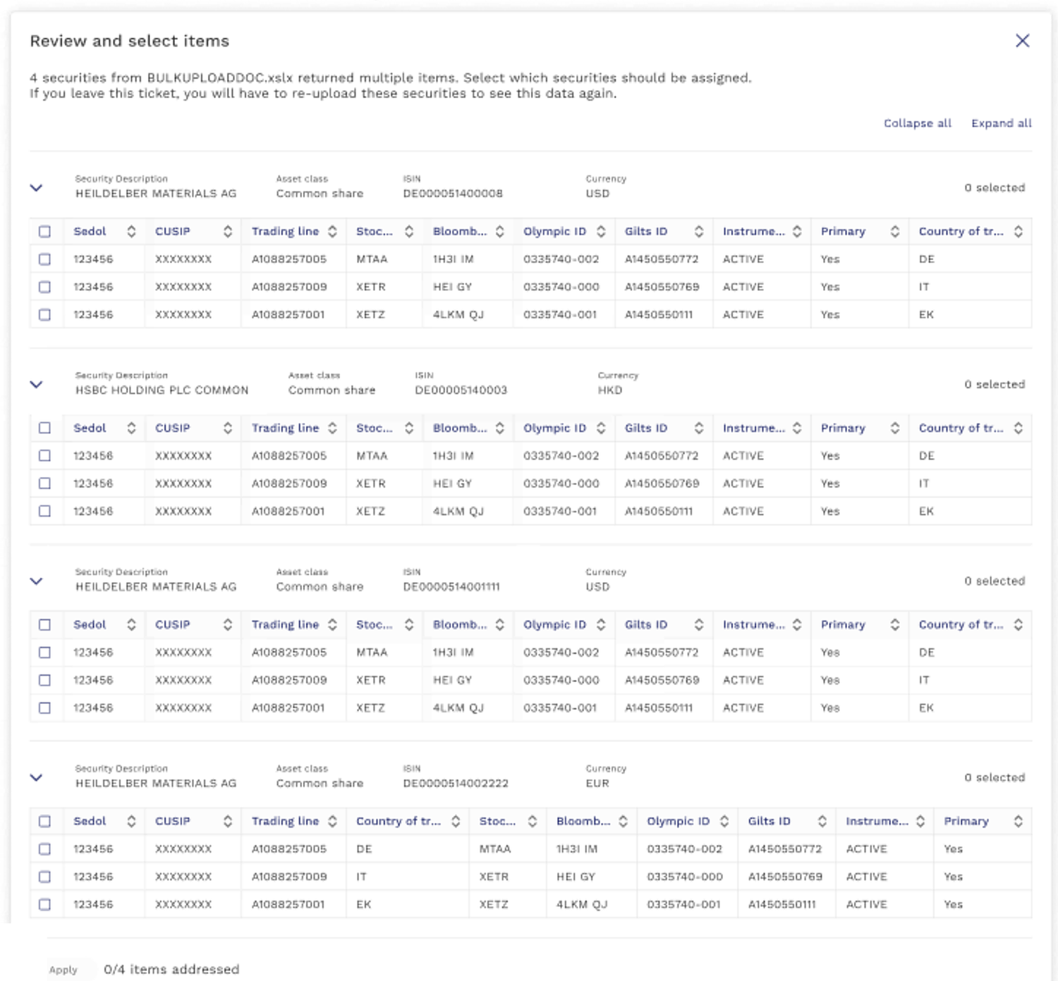 Review and select items modal
